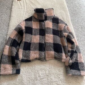 Cozy Checkered Sherpa Zip-Up Jacket in Pink, Black & Gray